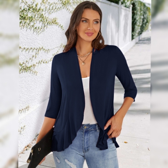 NEW Cardydony Lightweight Casual 3/4 Sleeve Open Front Navy Blue Cardigan Large - Picture 6 of 9